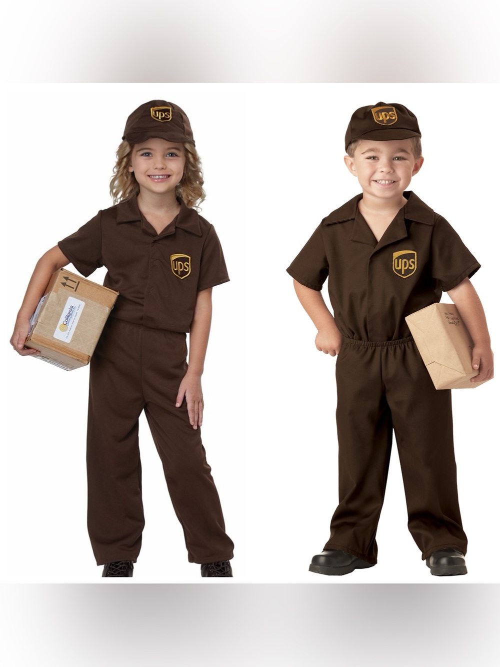 UPS driver unisex costume featuring the iconic brown shirt and matching hat
